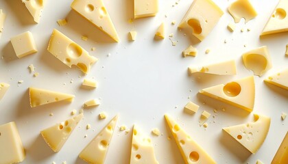 Cheese pieces arranged in a circular pattern on a plain white surface during daylight