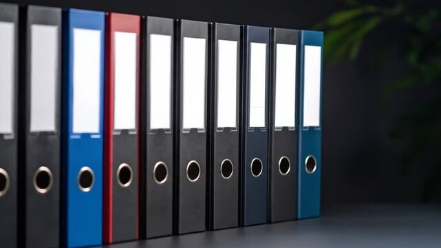 Ring binders with office files in a row.