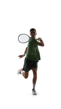 Tennis player backhand follow through isolated on white background. Concept of tennis technique analysis, stroke mechanics training, coaching materials, and sports education.