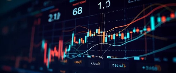 Dynamic stock market data visualization with fluctuating graphs, ambient light flicker, and a smooth camera pan, delivering a cinematic and insightful financial analysis experience. - Powered by Adobe