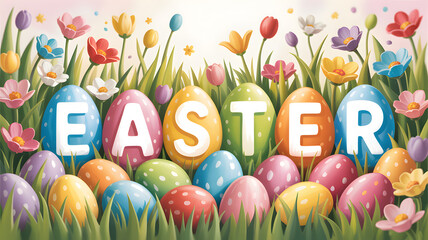 Vibrant easter eggs and flowers in grass