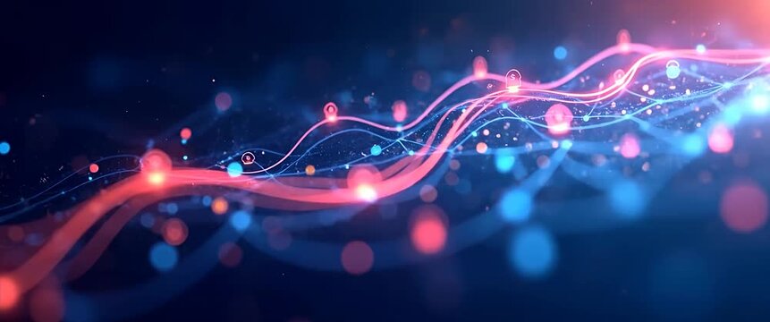 Glowing data streams flow dynamically through a futuristic digital landscape as the camera slowly pans, capturing the ambient flicker of lights in a cinematic, high-tech visualization.