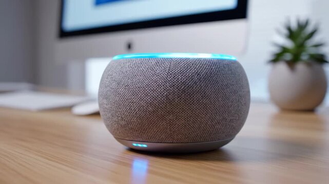 Smart speaker on desk, voice assistant and smart home technology