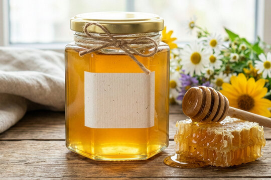 Hexagonal glass honey jar mockup with wooden dipper and flowers