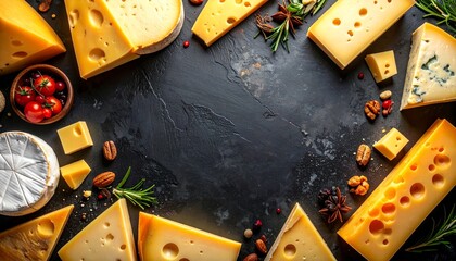 Various types of cheese arranged on a black stone surface with nuts and herbs around them