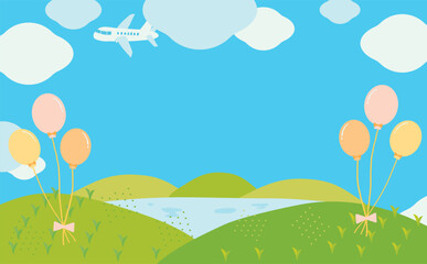 Cute Pastel Balloon Illustration in a Blue Sky and Hill Landscape