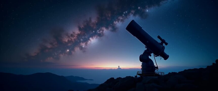 Majestic telescope silhouetted against a starry sky with a slow pan across the Milky Way, capturing the serene beauty of an astronomical observatory at dusk in a cinematic style.