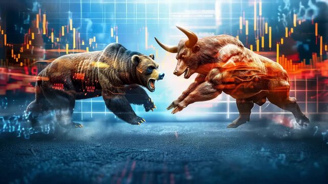 Bear and bull fighting on top of glowing financial stock market data. Concept of economic volatility, market struggle and trading aggression