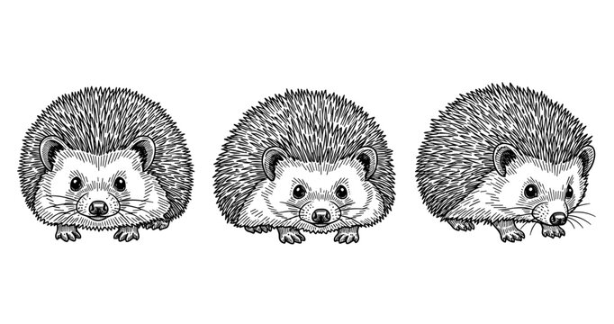 Three adorable hedgehogs in detailed black and white illustration
