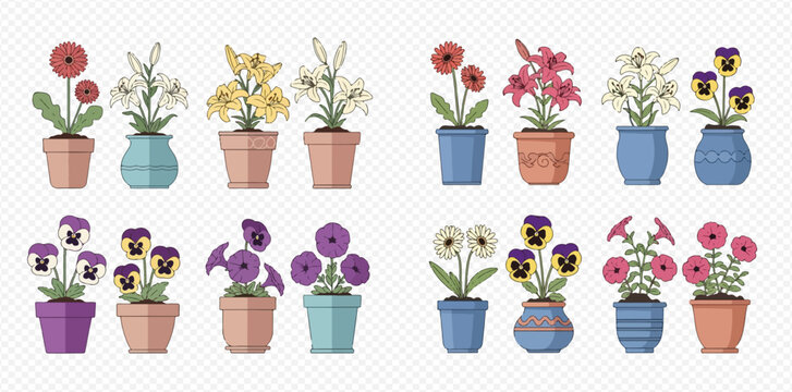 Collection of various potted flowers and plants, including pansies, lilies, and petunias, in a flat vector style.