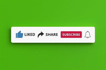 Red youtube subscribe button with notification bell and icons for like comment and share on a green background