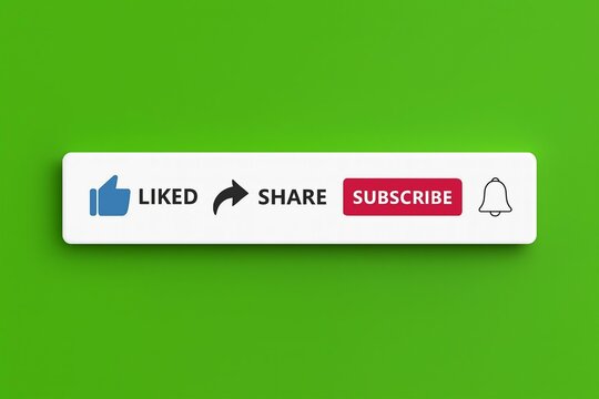 Red youtube subscribe button with notification bell and icons for like comment and share on a green background