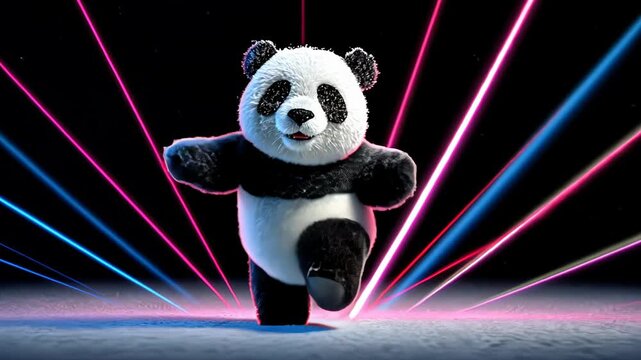 Playful Cartoon Style Panda Animated Character Dancing in Neon Lights for Children's Art and Entertainment - 3D Rendering with Colorful Background