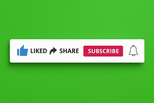 Red youtube subscribe button with notification bell and icons for like comment and share on a green background