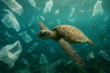 Obraz premium A sea turtle swims through a vast ocean filled plastic pollution and debris
