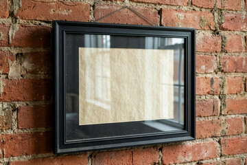 Black picture frame mockup hanging on red brick wall