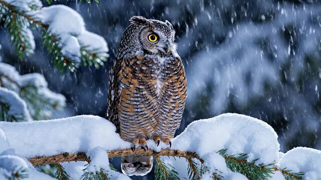 Great Horned Owl Yawns in Snowy Forest