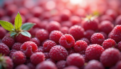 A vibrant cluster of fresh raspberries, showcasing their rich red color and textured surfaces, with a green leaf accentuating the scene.