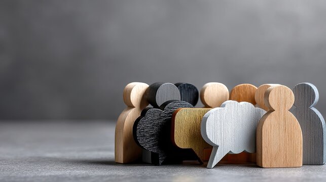 Wooden figures are exchanging ideas in an office context with speech bubbles above their heads in a minimalistic scene