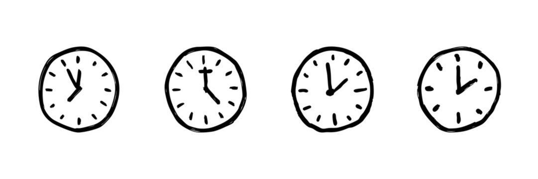 Four Clocks Line Icon Set In Doodle Style. Time Management, Scheduling, And Punctuality Outline Sketch Collection. Hand Drawn Isolated Vector Illustration