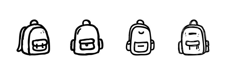 Fototapeta premium Backpack Line Icon Set In Doodle Style. School Supplies, Travel Gear, And Outdoor Adventure Outline Sketch Collection. Hand Drawn Isolated Vector Illustration