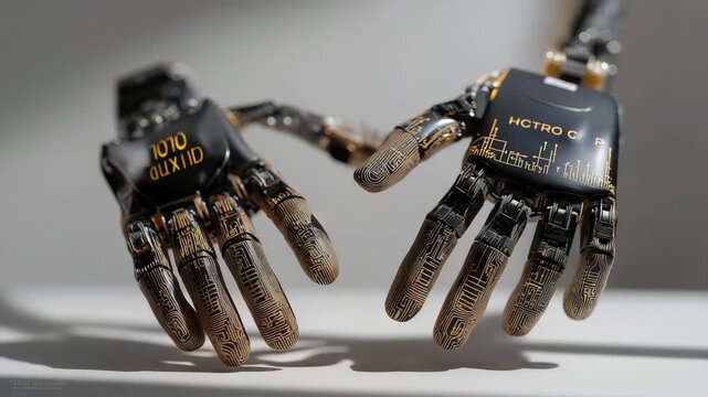 An industrial robot arm silhouette double-exposed with human fingerprints and circuit patterns, symbolizing automation balanced with human oversight. cinematic color correction, natural uneven