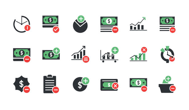 Modern profit and loss finance icons with growth and decrease flat vector set isolated