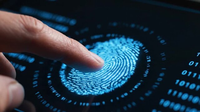 A close-up shot features a human finger pressing onto a futuristic digital screen, activating a brightly glowing blue fingerprint graphic. The background displays blurred binary code, hinting at compl