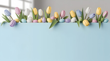 Easter tulips and eggs on light blue background