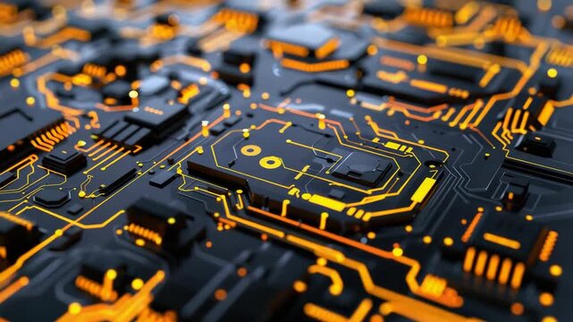 High-resolution of a microchip showcasing yellow and orange electronic components against a dark background.