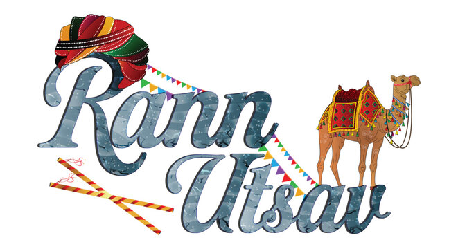 Rann Utsav Gujarat Vector Illustration Kutch White Desert Festival Typography with Camel & Traditional Turban