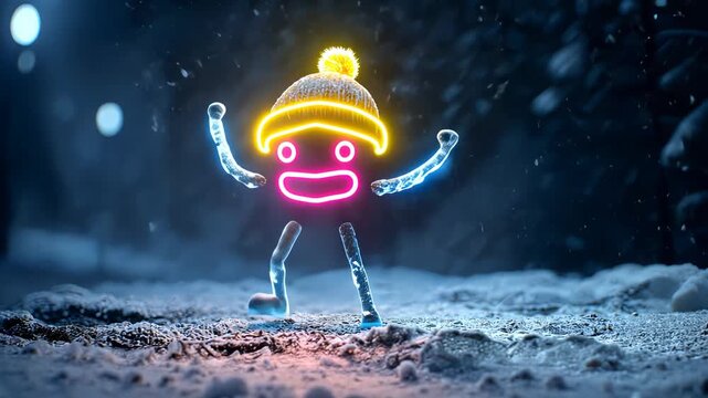 Neon Animated Figure in Winter Scene: Playful Character with Glowing Smile in Whimsical Cartoon Style LED Light Display
