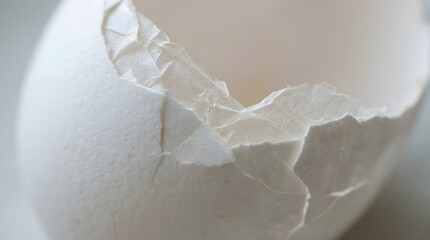 Extreme macro of cracked white eggshell fragment with visible inner membrane and fine cracks, soft natural light and organic texture