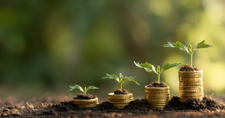 The Coin Stacks With Growing Seedlings Representing Financial Growth And Sustainable Investment