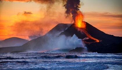 Erupting Volcano With Flowing Lava By The Ocean At Sunset