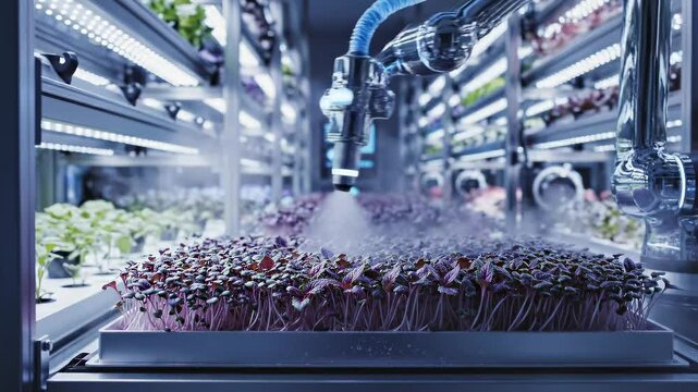 Modern indoor vertical farm future with microgreens under futuristic LED lighting, robotic misting system nurturing plants in sterile high-tech environment, sustainable agriculture innovation.