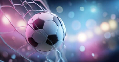 Fototapeta premium The Soccer Ball Hitting The Net In A Dramatic Stadium Goal Scoring Moment
