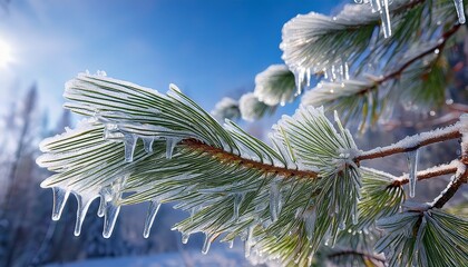 Frozen Pine Needles Encased In Clear Icicles