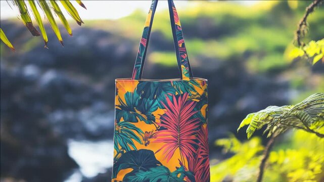 A brightly colored tote bag featuring a vibrant design of tropical leaves hangs on a riverbank.