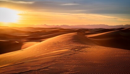 Golden Desert Backdrop A Serene Horizon Of Sand Dunes At Sunset