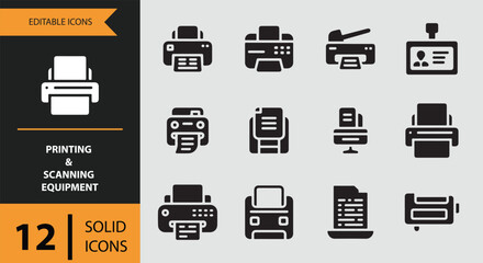 Solid icon set for printing and scanning equipment, perfect for office and technology designs