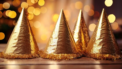 Golden Party Hats With Sparkling Details Create Festive Atmosphere For Celebrations Perfect For New Year Eve Or Birthday