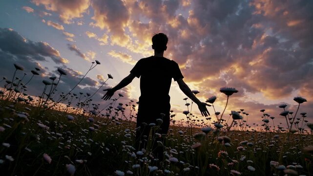 Silhouette of a person with arms outstretched in a field of flowers at sunset. Low-angle shot captures a cinematic, inspirational video feel.