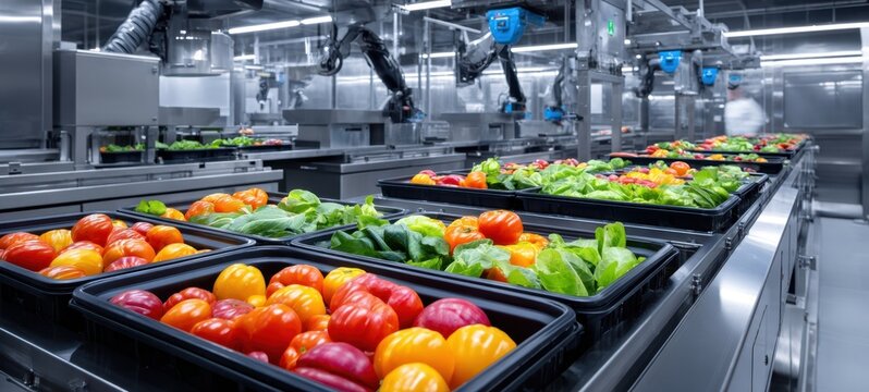 The Bell Peppers on an Automated Packing Line in a Modern Food Facility