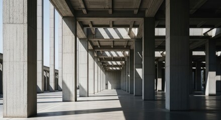 Obraz premium Imposing concrete structure features repeating vertical supports creating strong perspective lines toward the distance