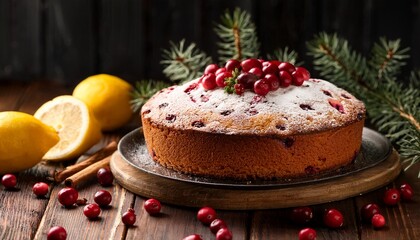 Freshly Baked Cranberry Cake In A Rustic Dish Surrounded By Scattered Fresh Cranberries And Lemon Homemade Holiday Dessert On Dark Wood