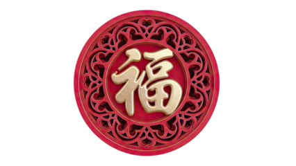 Gold Chinese Character Fu on Red Ornate Round Emblem