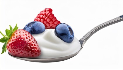 Silver Spoon With Greek Yogurt Or Cream And Fresh Berry Isolated On White Background