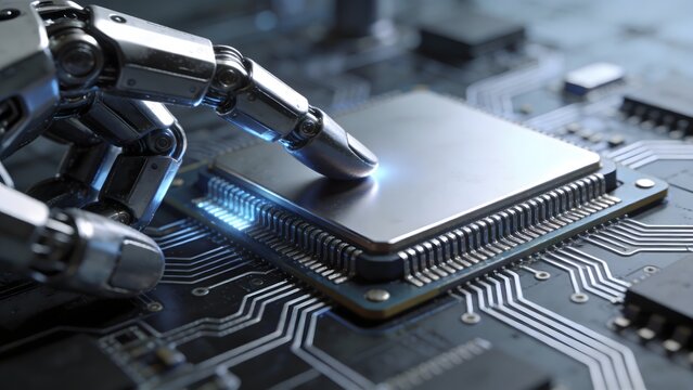 Robotic hand touching microprocessor on circuit board