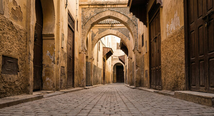 Obraz premium Ancient stone alley featuring weathered walls, textured stones, and a narrow historic pathway. Soft natural light enhances the timeless atmosphere of an old town street, creating a calm and authentic 